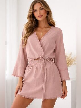 Hem & Thread 100% Cotton Wrap Top & Skirt Set Dusty Rose Size Medium